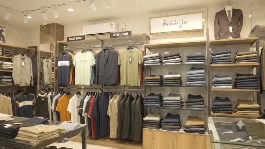 Inside Bachcha Jee Garments — shirts, jeans and trousers racks, KP Kakkad Road Prayagraj